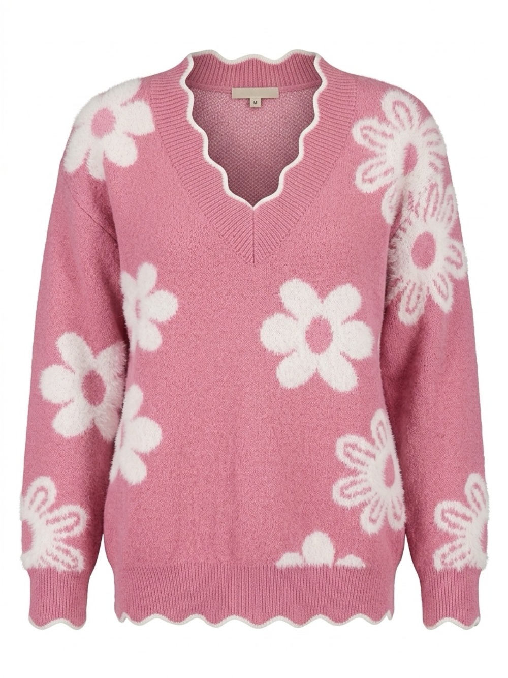 Pink Daisy Scallop V-Neck Sweater